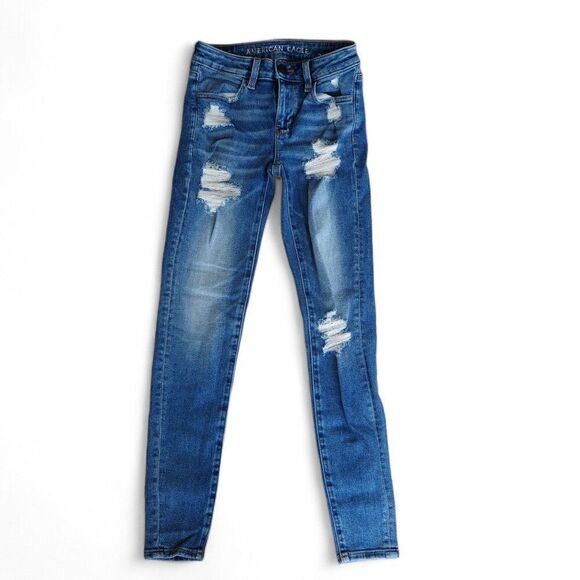 American Eagle Super Stretch Distressed Jeggings Medium Wash Juniors 00 - Picture 1 of 11